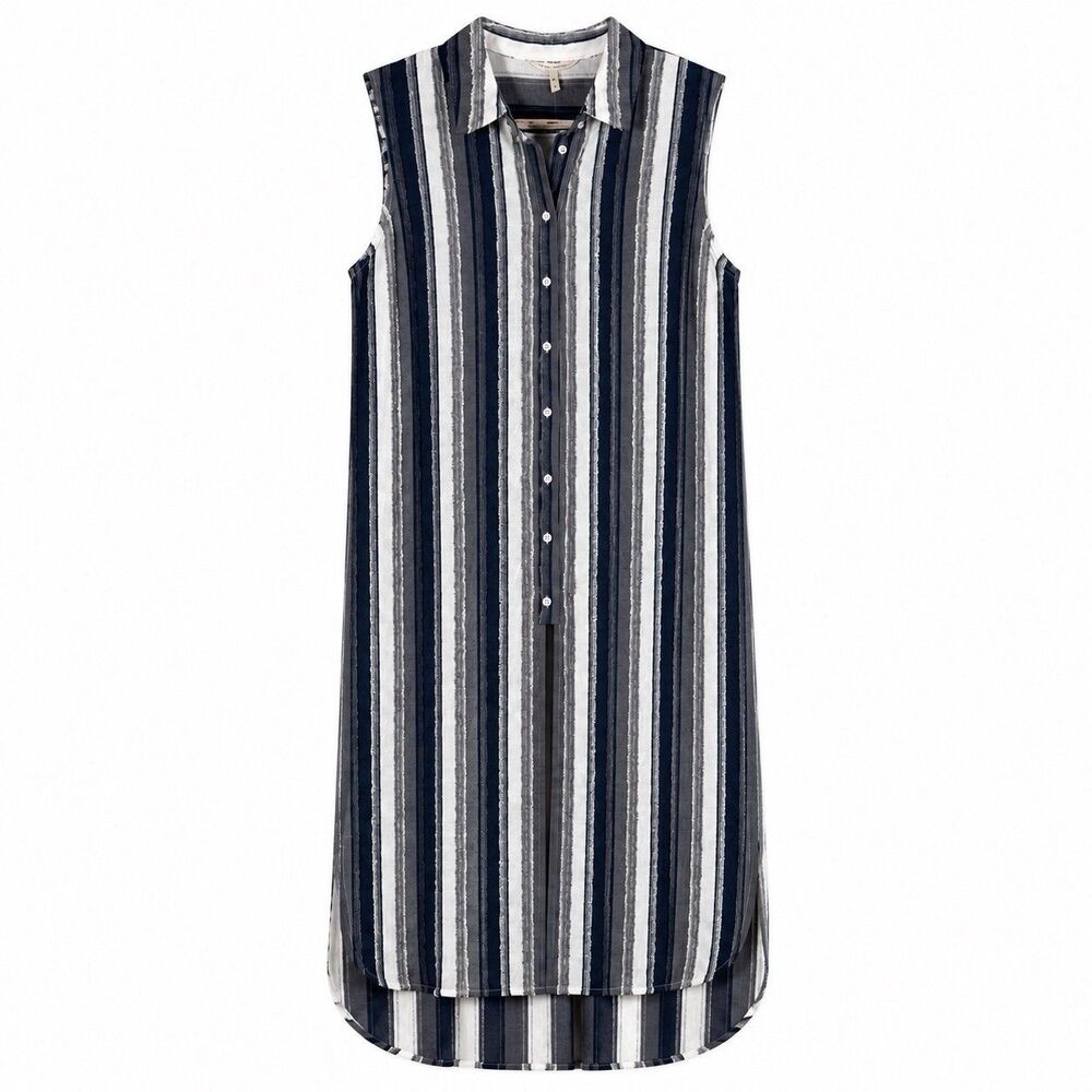 Soft Surroundings PL Blue Gray Striped Sleeveless Shirt Dress Hi-Low Hem Cape